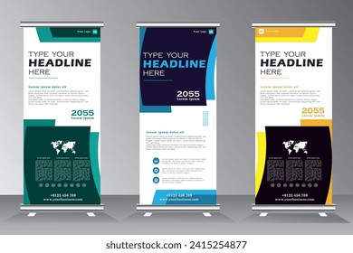 Roll up banner stand conjunto de diseño de plantilla, plantilla de banner vertical. stand universal para conferencia, seminario, exhibiciones, banner promocional de fondo vectorial. Banner x y banner de publicación moderna