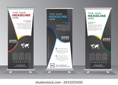 Roll up banner stand template design set, Vertical banner template. Universal stand for conference, seminar, exhibitions, promo banner vector background. Modern publication x-banner and flag-banner