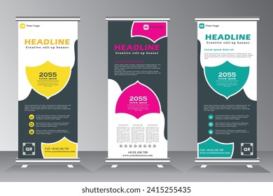 Roll up banner stand conjunto de diseño de plantilla, plantilla de banner vertical. stand universal para conferencia, seminario, exhibiciones, banner promocional de fondo vectorial. Banner x y banner de publicación moderna