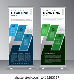 Roll up banner stand template design. Vertical banner template. Universal stand for conference, seminar, exhibitions, promo banner vector background. Modern publication x-banner with blue and green