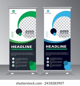 Roll up banner stand design de plantilla. Plantilla de banner vertical. stand universal para conferencia, seminario, exhibiciones, banner promocional de fondo vectorial. x banner con azul y verde, espacio de imagen