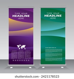 Roll up banner stand template design. Vertical banner template. Universal stand for conference, seminar, exhibitions, promo banner vector background. Modern publication x-banner and flag-banner