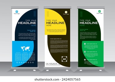Roll up banner stand design de plantilla. Plantilla de banner vertical. stand universal para conferencia, seminario, exhibiciones, banner promocional de fondo vectorial. Banner x y banner de publicación moderna