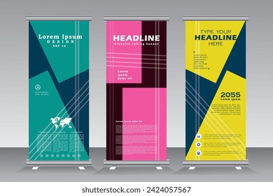 Roll up banner stand design de plantilla. Plantilla de banner vertical. stand universal para conferencia, seminario, exhibiciones, banner promocional de fondo vectorial. Banner x y banner de publicación moderna