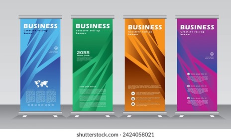 Roll up banner stand template design. Vertical banner template. Universal stand for conference, seminar, exhibitions, promo banner vector background. Modern publication x-banner and flag-banner