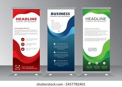 Roll up banner stand template design, Vertical banner for conferance, Annual Meeting, Presenatation, event and project, red, blue and green print ready colour