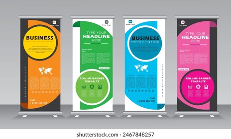 Roll up banner stand template design, Roll up banner set, vertical banner set with pink, orange, blue and green, Vector eps 10 