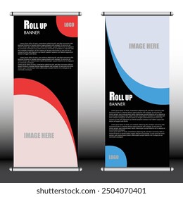 Roll up banner stand template design, Red and Blue layout, Vector Illustration, Advertisement background,  Creative designs for Office, Company, Multipurpose use and Marketing ads 