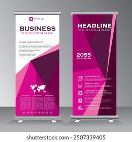 Roll up banner stand template design for advertising. purple colour roll up banner design for business, event, compnay, exhibition, presentation, conferance, vector illustration