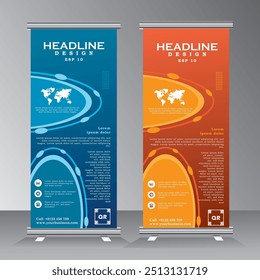 Roll up banner stand template design for Business, brochure, flyer, infographics. modern advertising. vertical banner, pull up, standee, stand banner, vector illustration