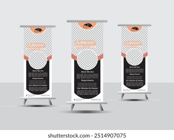   Roll up banner stand template design, color banner layout, advertisement, pull up, vector illustration, business flyer, display, flag-banner, infographics, presentation.
