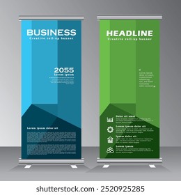 Roll up banner stand template design, Vertical banner template with blue and green colour, standee for modern advertising, event, welcome, vector illustration,