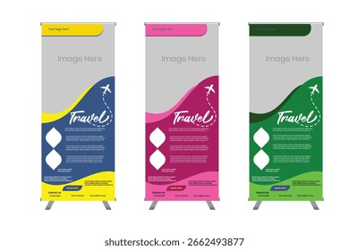 Conjunto de design de modelo de suporte de banner de enrolar, modelo de banner vertical. Publicação moderna x-banner e flag-banner .  Conjunto de banner de rolagem para cima amarelo, verde e azul, ilustração vetorial.