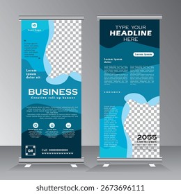 Diseño de Plantilla de soporte de Anuncio enrollable, diseño de Anuncio azul, publicidad, pull up, fondo, Ilustración vectorial, Anuncio enrollable de negocios con espacio de Imagen, espacio para Fotos, eps