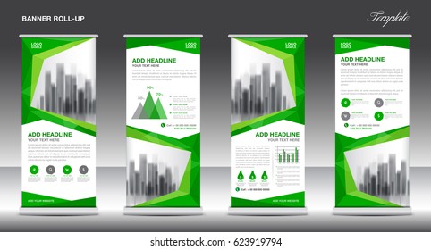 Roll up banner stand template design, Green banner layout, advertisement, polygon background, pull up, vector, business flyer, display, x-banner, flag-banner, infographics, presentation, poster