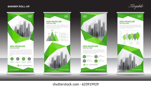 Roll up banner stand template design, Green banner layout, advertisement, pull up, polygon background, vector, business flyer, display, x-banner, flag-banner, infographics, presentation, poster