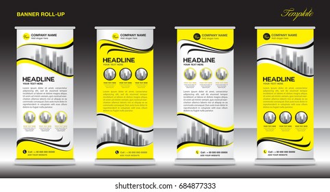 Roll up banner stand template design, Yellow banner layout, advertisement, pull up, polygon background, vector illustration, business flyer, display, x-banner, flag-banner, infographics, presentation