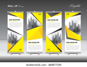 Roll up banner stand template design, Yellow banner layout, advertisement, pull up, polygon background, vector illustration, business flyer, display, x-banner, flag-banner, infographics, presentation