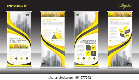 Roll up banner stand template design, Yellow banner layout, advertisement, pull up, polygon background, vector illustration, business flyer, display, x-banner, flag-banner, infographics, presentation