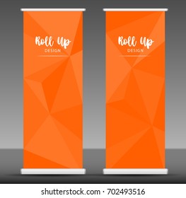 Roll up banner stand template design, business flyer, Orange polygon background, advertising, x-banner layout, modern creative concept