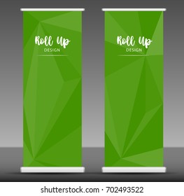 Roll up banner stand template design, business flyer, Green polygon background, advertising, x-banner layout, modern creative concept