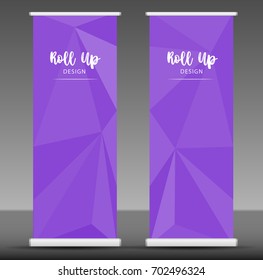 Roll up banner stand template design, business flyer, purple polygon background, advertising, x-banner layout, modern creative concept