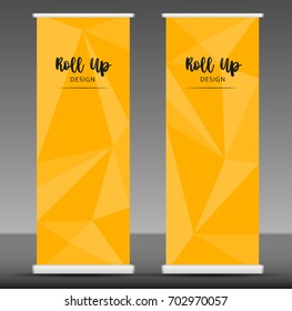 Roll up banner stand template design, business flyer, yellow polygon background, advertising, x-banner layout, modern creative concept