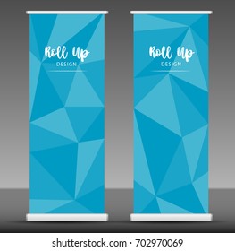 Roll up banner stand template design, business flyer, blue polygon background, advertising, x-banner layout, modern creative concept