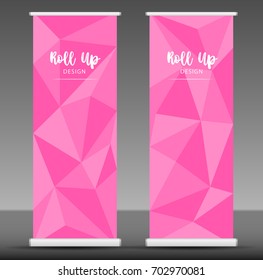 Roll up banner stand template design, business flyer, pink polygon background, advertising, x-banner layout, modern creative concept