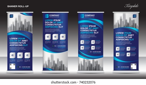 Roll up banner stand template design, Blue banner layout, advertisement, pull up, polygon background, vector illustration, business flyer, display, x-banner, flag-banner, infographics, presentation