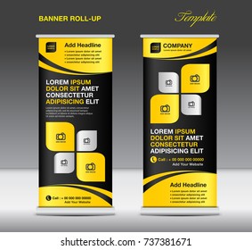 Plantilla de soporte de Anuncio enrollable, diseño de soporte, Plantilla de Anuncio, Anuncio amarillo, publicidad, diseño de volante, Ilustración vectorial