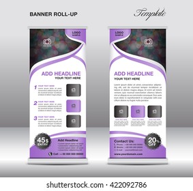 Roll up banner stand template, flyer vector illustration, purple background, advertisement, display