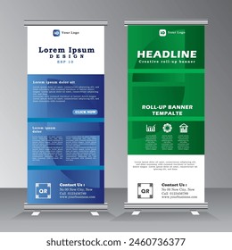 Rollup Banner Stand Vorlage mit Grün und Blau. Vektorgrafik eps 10