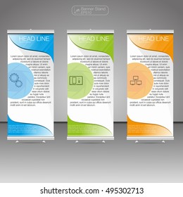 Roll Up Banner Stand, template and info graphics, banner stand design. Vector.