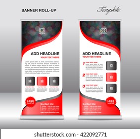 Roll up banner stand template, presentation, red background, advertisement, display, flyer