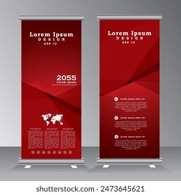 roll up banner stand template witgh abstract background, roll up banner tempalte for business, education, advertisement. red color roll up banner design. Vector illustration.