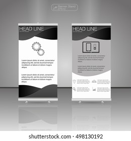Roll up banner stand. Vector. Business brochure flyer design.
