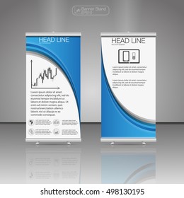 Roll up banner stand. Vector. Business brochure flyer design.