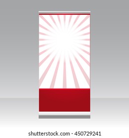 Roll up banner stand. Vector mockup. blank roll up banner with red rays on a grey background