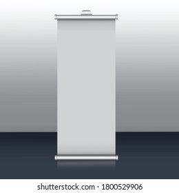 Roll up banner stand. Vector.3d blank white roll-up banner. roll up banner display Template mockup. 3d render. Vector empty white show display mock up for presentation or exhibition your product.