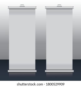 Roll up banner stand. Vector.3d blank white roll-up banner. roll up banner display Template mockup. 3d render. Vector empty white show display mock up for presentation or exhibition your product.