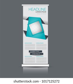Roll up banner stand. Vertical information board design. Green color vector illustration.