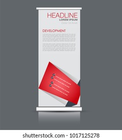 Roll up banner stand. Vertical information board design. Red and grey color vector illustration.