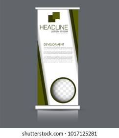 Roll up banner stand. Vertical information board design. Green color vector illustration.