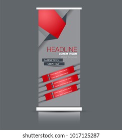 Roll up banner stand. Vertical information board design. Red and grey color vector illustration.