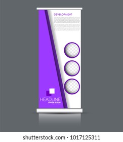 Roll up banner stand. Vertical information board design. Purple color vector illustration.