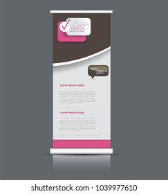 Roll up banner stand. Vertical information board design. Pink and brown color vector illustration.