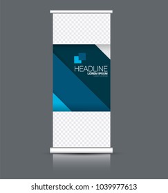 Roll up banner stand. Vertical information board design. Blue color vector illustration.