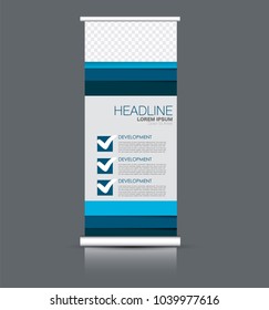 Roll up banner stand. Vertical information board design. Blue color vector illustration.