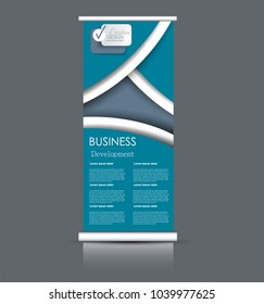 Roll up banner stand. Vertical information board design. Blue color vector illustration.
